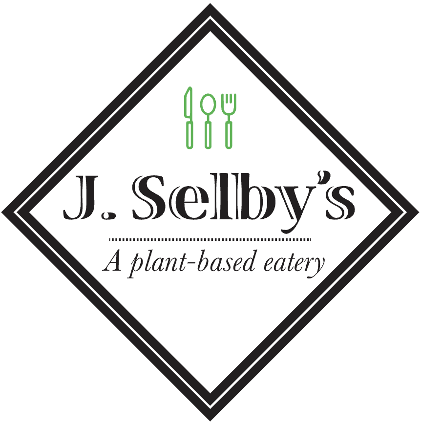 Diamond with image of a fork, knife, and spoon with the words "J. Selby's - A Plant-based Eatery"